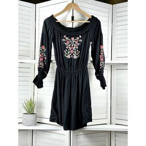 Hollister Black Floral Embroidered Off The Shoulder Women’s Boho Mini Dress M